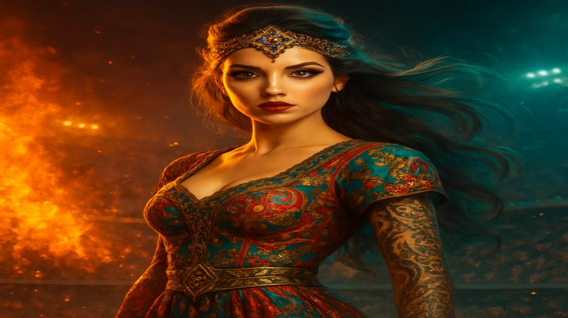 একটি সুন্দরী নারী, জটিল নকশার ট্যাটু ও ঝলমলে অলংকারে সজ্জিত, একটি গতিময় ফুটবল স্টেডিয়ামের কেন্দ্রে দাঁড়িয়ে আছেন; tk777-এ স্পোর্টস, গ্ল্যামার ও জয়ী শক্তির উত্তেজনাপূর্ণ মেলবন্ধন ধরা পড়ে।