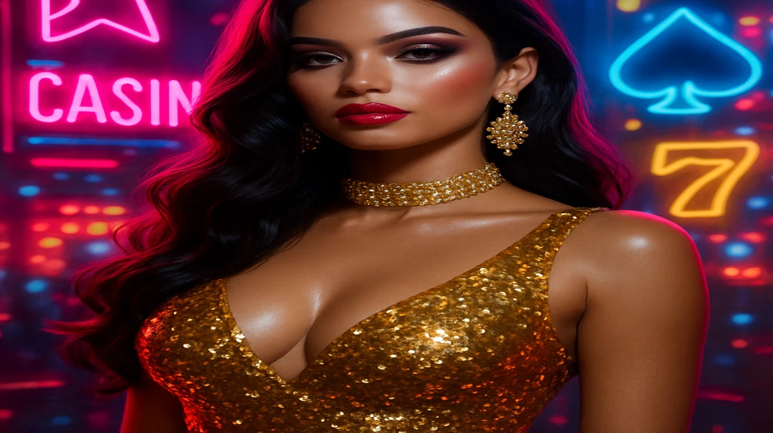 একজন সুন্দরী নারী চকচকে সোনালী পোশাকে ও নৈপুণ্যপূর্ণ অলংকারে সজ্জিত, বিলাসবহুল একটি গেমিং প্ল্যাটফর্মে হাসিমুখ করছেন; নানান রঙিন আরকেড গেমের সারি ও ভাসমান আলো-আভা tk777-এ জাঁকালো পরিবেশ তৈরি করেছে।
