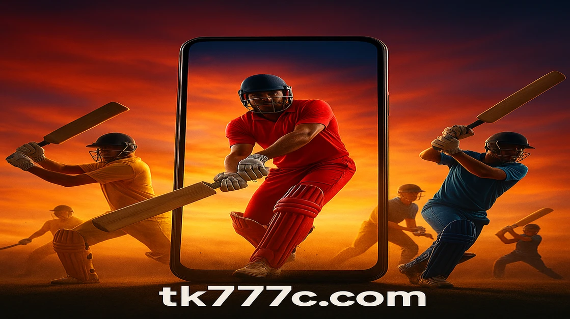 tk777 ক্রিকেট গেমিং অ্যাপটি প্রদর্শিত একটি স্মার্টফোনের ক্লোজ-আপ ছবি, যেখানে ম্যাচটির জন্য প্রস্তুত পেশাদার খেলোয়াড়দের একটি দল দেখা যাচ্ছে। আপনার সব ক্রিকেট অ্যাকশনের জন্য অ্যাপটি ডাউনলোড করুন।