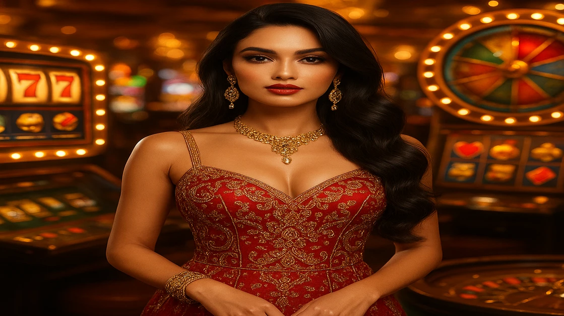 একজন সুন্দরী নারী লাল ও সোনালি ঐতিহ্যবাহী পোশাকে বিলাসবহুল একটি গেমিং প্ল্যাটফর্মে হাসছেন; সামনে একটি গেম টেবিল ও আর্কেড গেম ইন্টারফেস দৃশ্যমান, tk777-এ বাংলাদেশের-থিমা-ভিত্তিক সমৃদ্ধ গেমগুলোর প্রতিনিধিত্ব করছে।