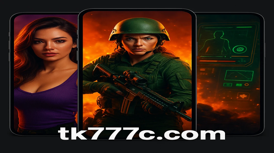 tk777 অ্যাপে একটি শক্তিশালী নারী যোদ্ধা পিস্তল হাতে, তিনখণ্ডের চিত্রকলার মতো দৃশ্য, অ্যাডভেঞ্চার-ধরনের গেমগুলোর উন্নত গ্রাফিক্স ও অ্য্যাকশন-ভিত্তিক থিমগুলো প্রদর্শিত হচ্ছে।