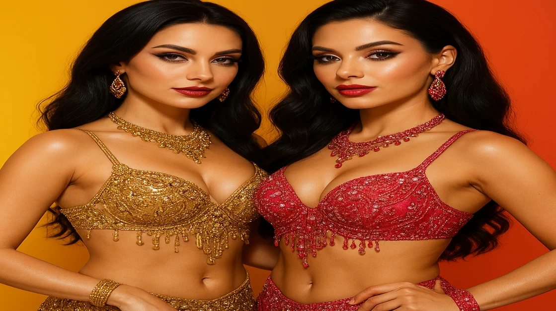 দুইজন চমৎকার সুন্দর নারী, এলিগ্যান্ট, ঝলমলে লাল ও সোনালি পোশাকে একটি জ্বলন্ত পটভূমির সামনে দাঁড়িয়ে tk777-র শীর্ষমান গেমিং প্ল্যাটফর্ম অভিজ্ঞতার গ্লামার ও উত্তেজনাকে তুলে ধরছে।